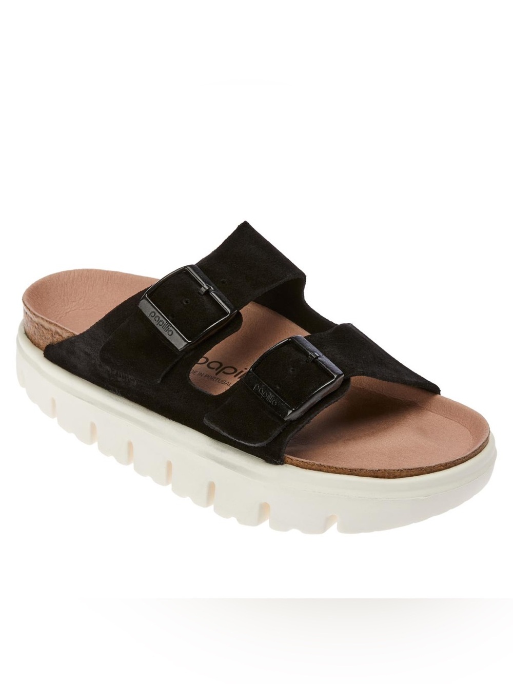 Birkenstock Black Suede Double-Buckle Slide with White Lug Sole